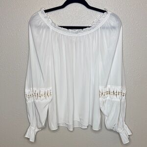 Ramy Brook White Blouse with Gold Circular Accents‎ Peasant Flowy Boho Fairy - S